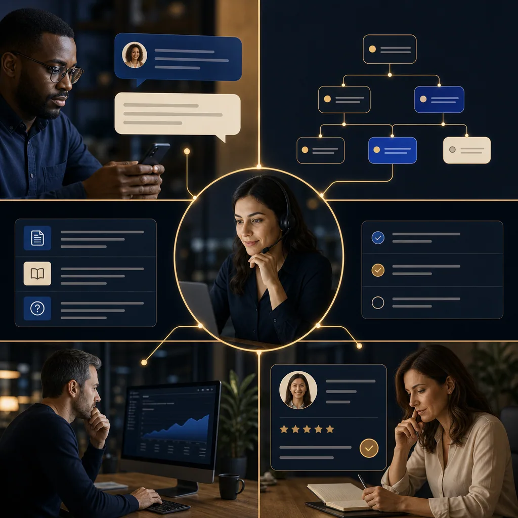 AI customer support assistants that reduce repetitive service load. visual workflow