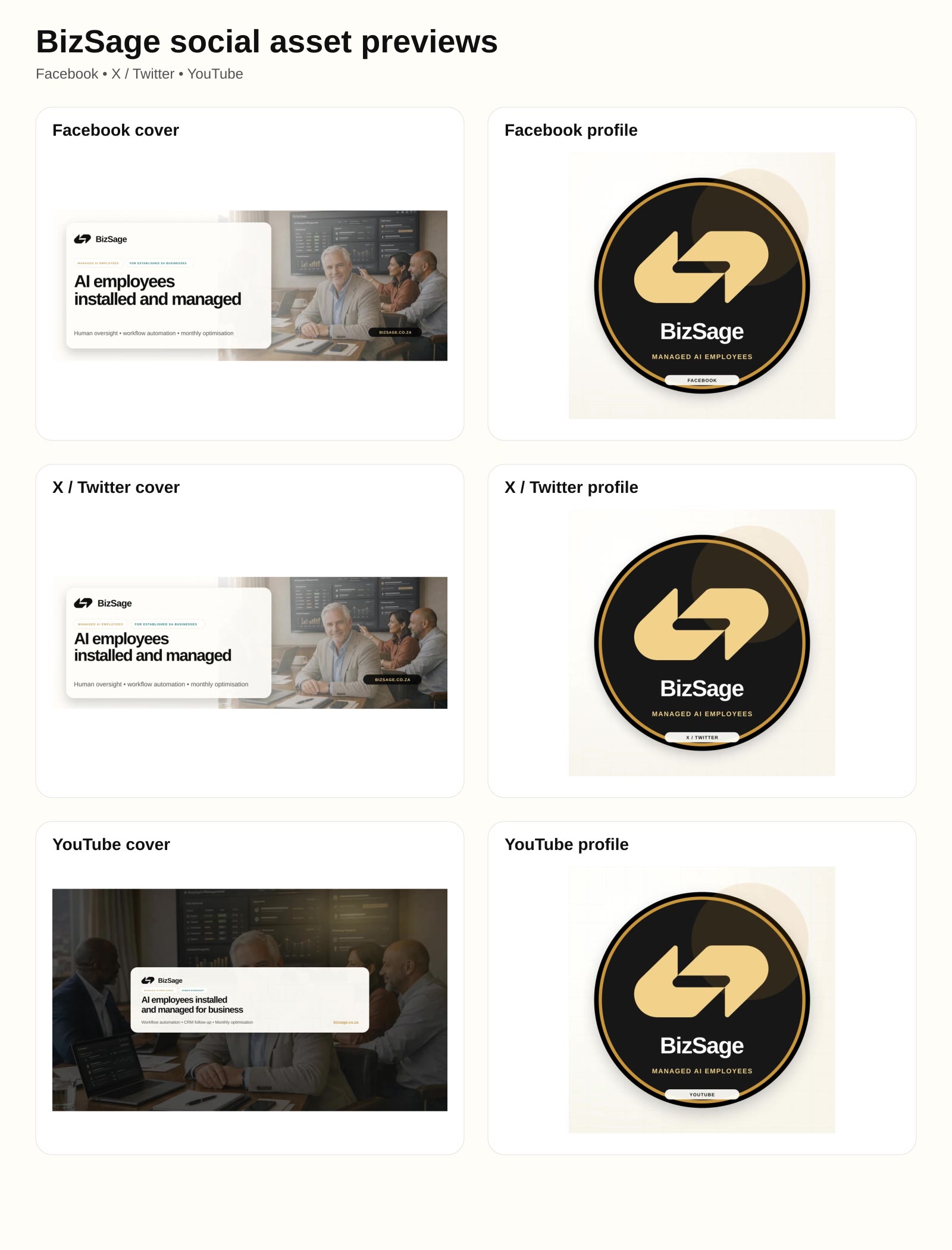 Preview sheet showing all six BizSage social media assets